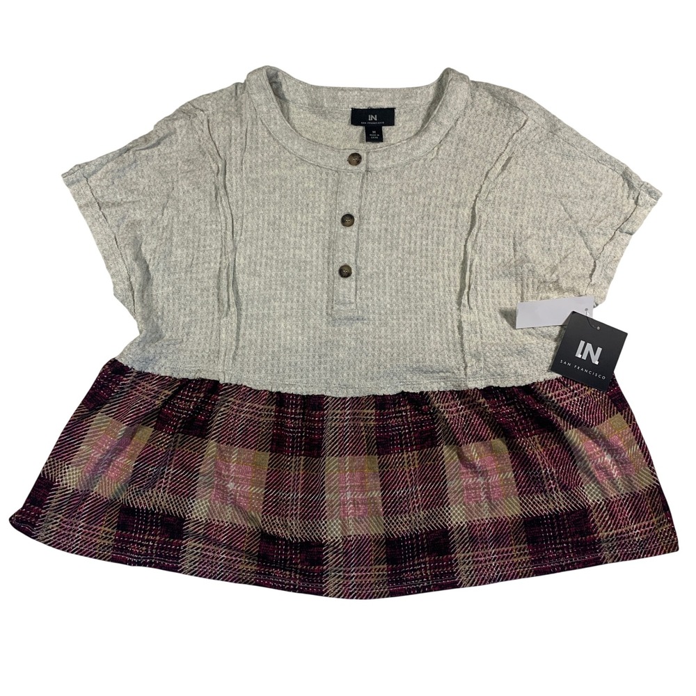 IN San Francisco Waffle Knit Peplum Top Plaid Bottom Button Up Size M